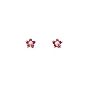 14k Yellow Gold Flower Stud Red CZ Baby Earrings with Screw Back for Baby Girl